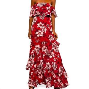 BCBG Red Floral Off-Shoulder Ruffle Maxi Dress